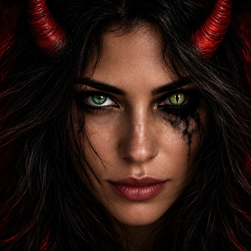 The Part Evil character with red horns, green eyes and distinctive black eye treatment